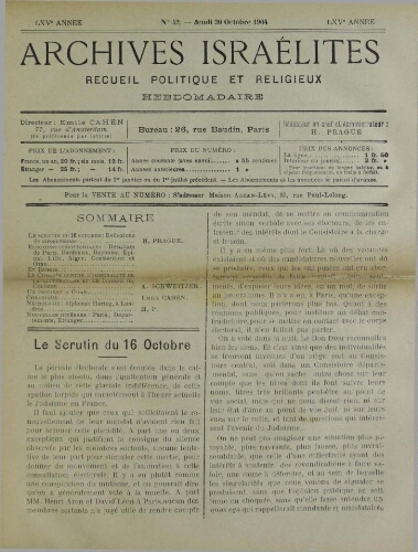 Archives israélites de France. Vol.65 N°42 (20 oct. 1904)
